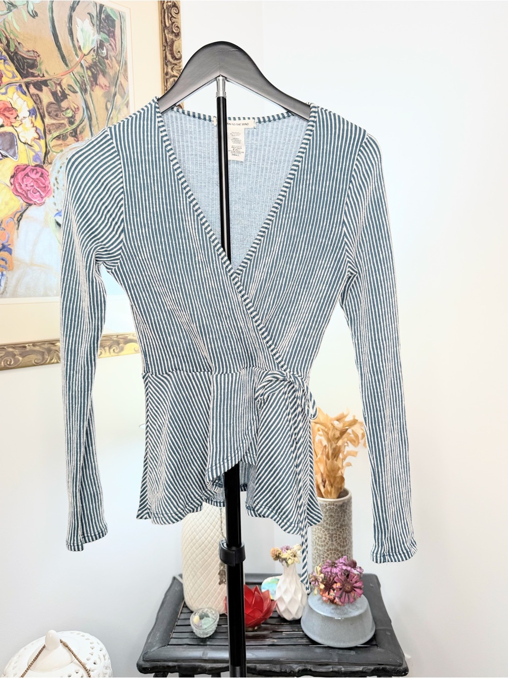 Caution to the Wind Wrap Top Women S Blue White Stripe Tie Waist Peplum